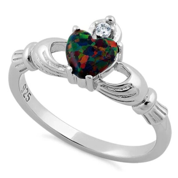 925 STERLING SILVER Dainty Lab Created Black Opal CZ Celtic Claddagh Ring - Picture 13 of 16